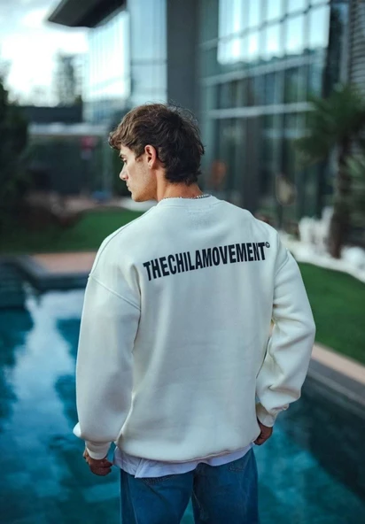 Kışlık Bisiklet Yaka Oversize Baskılı SweatShirt - Beyaz - Resim 3