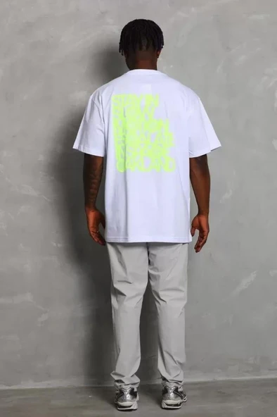 Unisex Oversize Baskılı Bisiklet Yaka T-Shirt - Beyaz - Resim 4