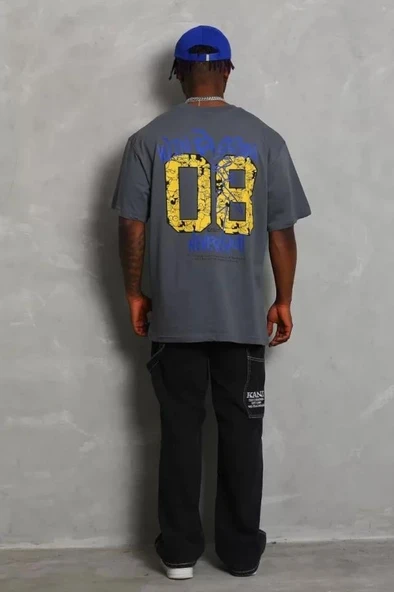 Unisex Oversize Baskılı Bisiklet Yaka T-Shirt - Füme - Resim 3