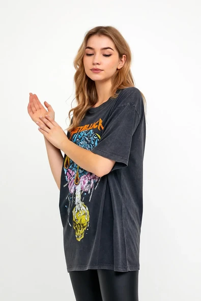 Snow Basic Iskelet Baskılı Yıkamalı Antrasit Rengi Oversize Kadın T-shirt - 4