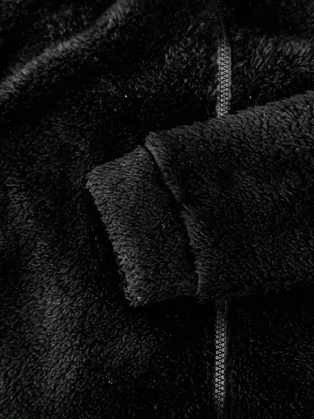 Kadın Uzun Kollu Kapişon Ve Fermuar Detaylı Peluş şort Tulum - Resim 4