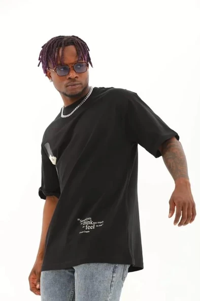 Unisex Oversize Baskılı Bisiklet Yaka T-Shirt - Siyah ürün görseli