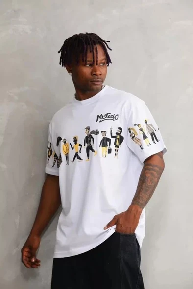 Unisex Bisiklet Yaka Baskılı Oversize T-Shirt - Beyaz ürün görseli