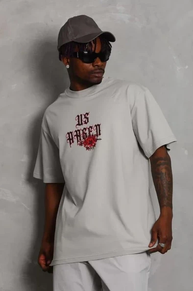 Unisex Oversize Baskılı Bisiklet Yaka T-Shirt - Gri ürün görseli