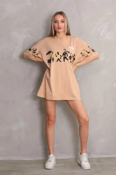 Unisex Bisiklet Yaka Baskılı Oversize T-Shirt - Bej ürün görseli