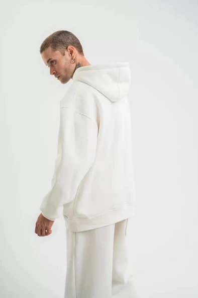 Unisex Double Oversize Kapşonlu Basic SweatShirt - Beyaz - Resim 4