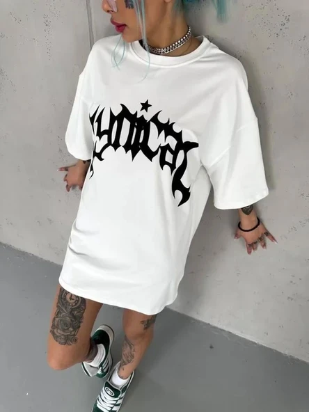 Unisex Bisiklet Yaka Baskılı Oversize T-Shirt - Beyaz ürün görseli