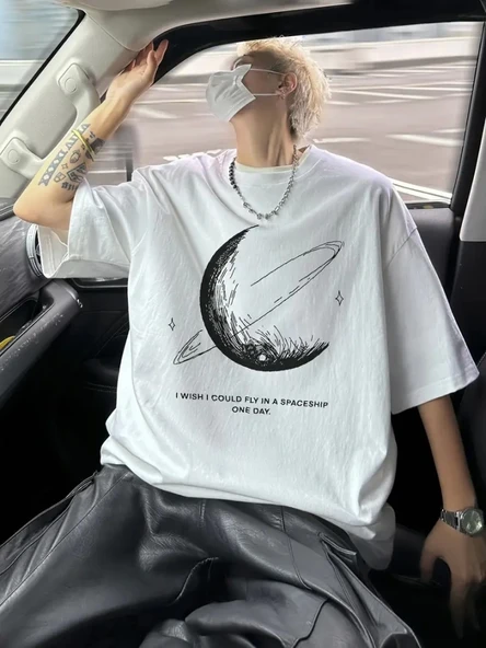 Baskılı Oversize Bisiklet Yaka T-shirt - Beyaz - 2