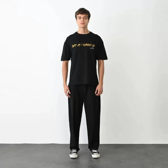 Unisex Bisiklet Yaka Baskılı Oversize T-Shirt - Siyah ürün görseli