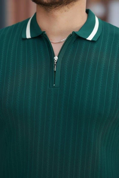 Erkek Yaka Ve Kolları çizgi Detaylı Fermuarlı Kısa Kollu T-shirt - Resim 3