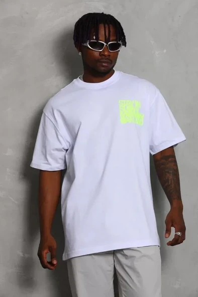 Unisex Oversize Baskılı Bisiklet Yaka T-Shirt - Beyaz ürün görseli