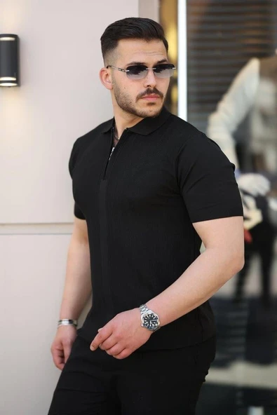 Erkek Yakası Fermuarlı Kısa Kollu T-shirt - Resim 2