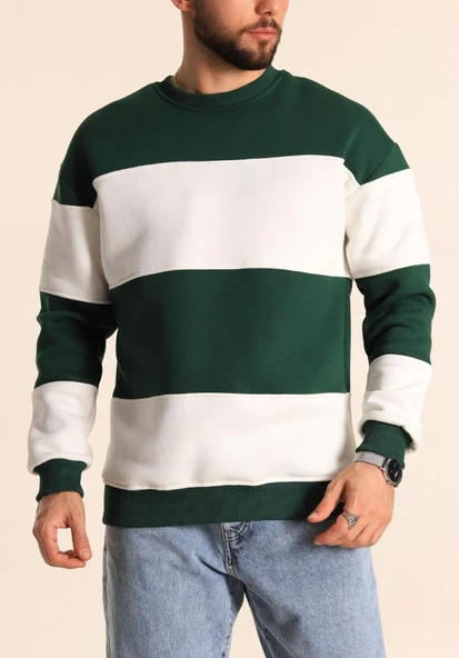 Parçalı Bisiklet Yaka Baskılı SweatShirt - Yeşil ürün görseli