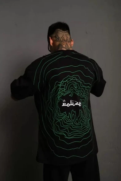 Erkek Bisiklet Yakalı Sırt Baskılı Oversize T-Shirt - Siyah ürün görseli