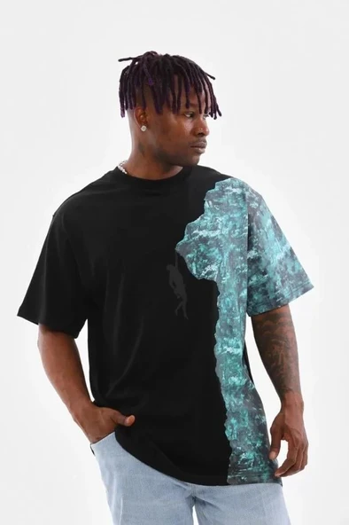 Unisex Bisiklet Yaka Baskılı Oversize T-Shirt - Siyah ürün görseli