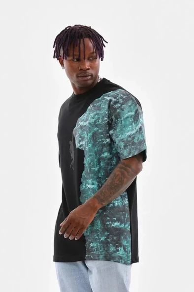 Unisex Bisiklet Yaka Baskılı Oversize T-Shirt - Siyah - Resim 3