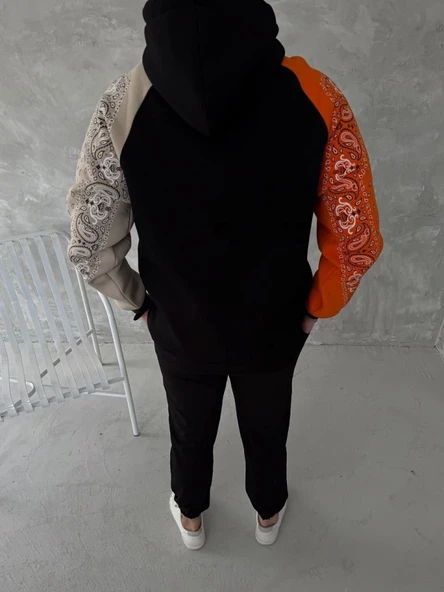 Üç İplik Penye Kapşonlu Parçalı SweatShirt - Siyah - Resim 4