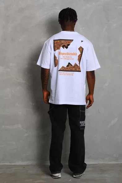 Unisex Oversize Baskılı Bisiklet Yaka T-Shirt - Beyaz ürün görseli