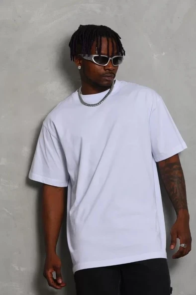 Unisex Oversize Düz Bisiklet Yaka T-Shirt - Beyaz - Resim 3