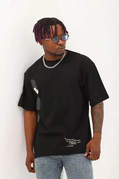 Unisex Oversize Baskılı Bisiklet Yaka T-Shirt - Siyah - Resim 2