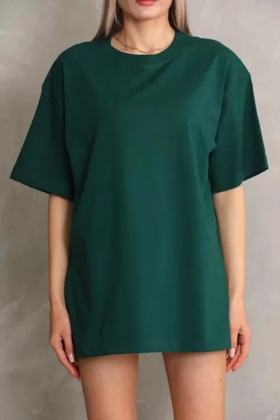 Unisex Bisiklet Yaka 20/1 Düz Oversize T-Shirt - Yeşil - Resim 3