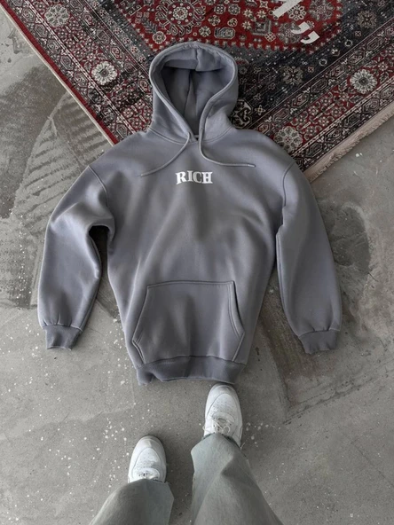 Uzun Kol Kapşonlu Göğüs Baskılı SweatShirt - Gri - Resim 2