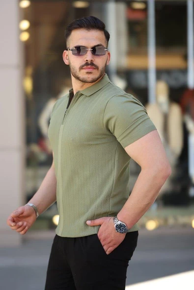 Erkek Yakası Fermuarlı Kısa Kollu T-shirt - Resim 2