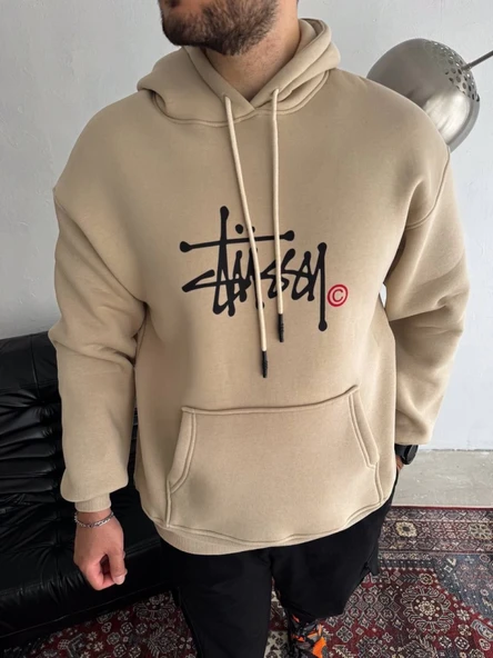 Üç İplik Kapşonlu Baskılı SweatShirt - Bej ürün görseli