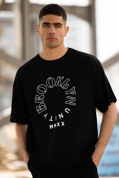 Unisex Bisiklet Yaka Baskılı Oversize T-Shirt - Siyah - Resim 2