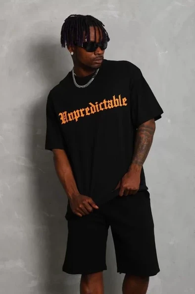 Unisex Oversize Baskılı Bisiklet Yaka T-Shirt - Siyah ürün görseli