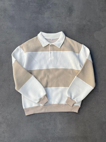 Unisex Üç İplik Parçalı Yakalı SweatShirt - Bej ürün görseli