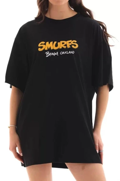 Unisex Bisiklet Yaka Baskılı Oversize T-Shirt - Siyah - Resim 3