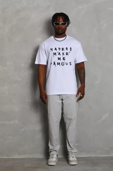 Unisex Oversize Baskılı Bisiklet Yaka T-Shirt - Beyaz - Resim 3