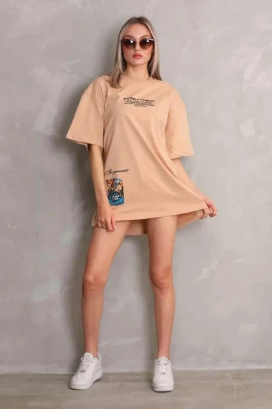 Unisex Bisiklet Yaka Baskılı Oversize T-Shirt - Bej - Resim 4