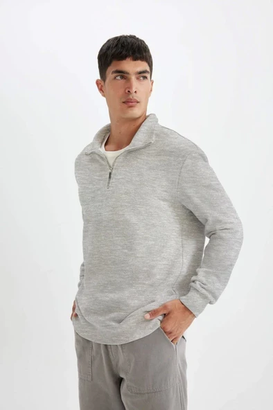 Unisex Uzun Kol Yarım Farmuarlı Yakalı Basic SweatShirt - Gri ürün görseli