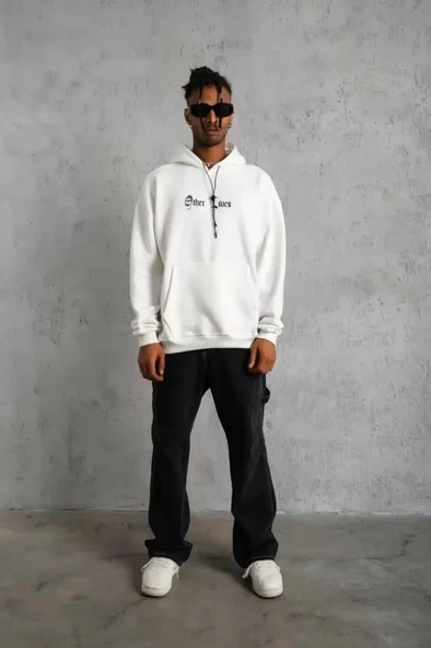 Erkek Sırt Baskılı Oversize Üç İplik Kapüşonlu Sweatshirt - Beyaz - Resim 3