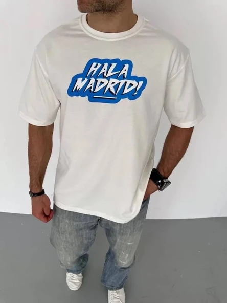 Unisex Bisiklet Yaka Baskılı Oversize T-Shirt - Beyaz - Resim 2