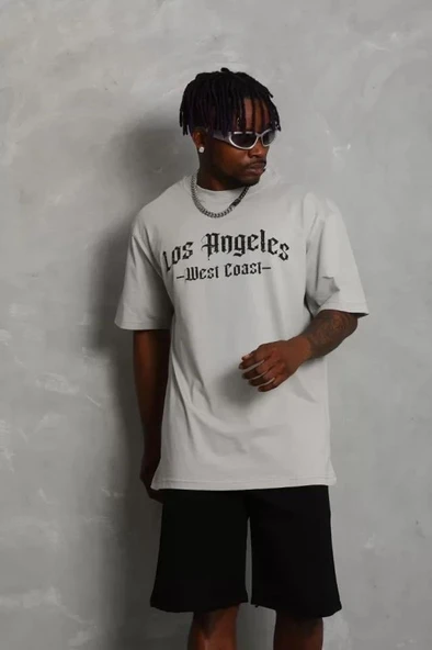 Unisex Oversize Baskılı Bisiklet Yaka T-Shirt - Gri ürün görseli