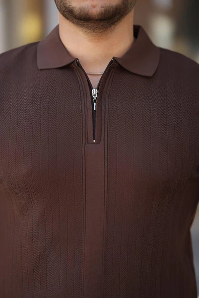 Erkek Yakası Fermuarlı Kısa Kollu T-shirt - Resim 3