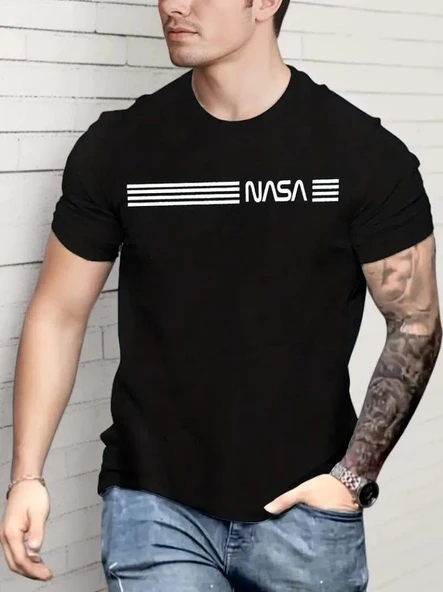 Erkek Kısa Kollu NASA Baskı Bisiklet Yaka T-shirt ürün görseli