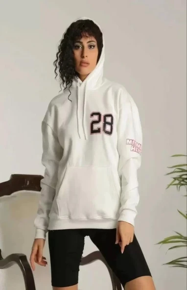 Unisex Kapşonlu Baskılı Sweetshirt - Beyaz - Resim 2