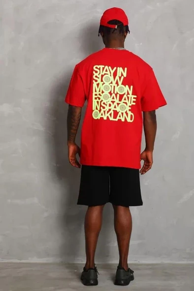 Unisex Oversize Baskılı Bisiklet Yaka T-Shirt - Kırmızı - Resim 4