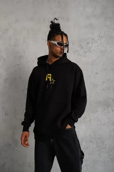 Unisex Kapşonlu Baskılı Sweetshirt - Siyah ürün görseli