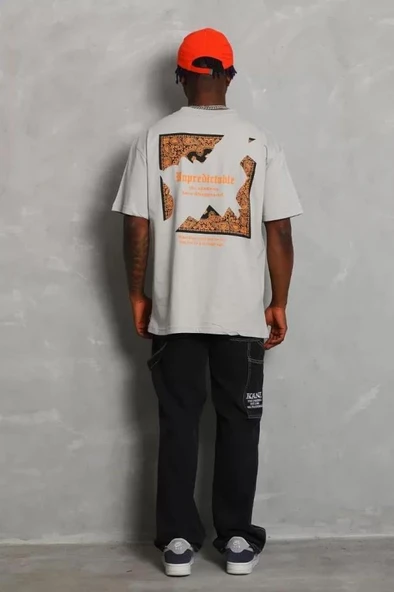 Unisex Oversize Baskılı Bisiklet Yaka T-Shirt - Gri - Resim 3