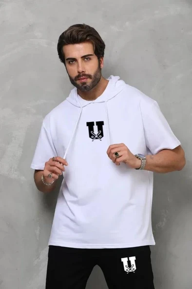 Unisex Kapşonlu Oversize T-Shirt Takım - Beyaz - Resim 2
