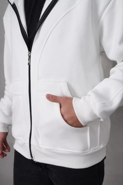 Samuray Kapşonlu ZIP Fermuarlı Çift Kapşonlu Nakışlı SweatShirt- Beyaz - Resim 2