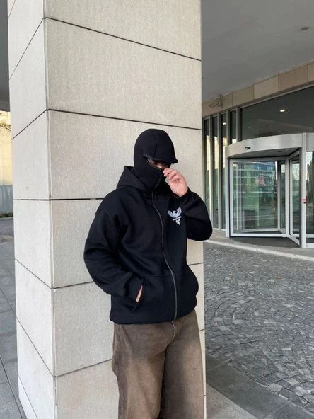 Samuray Kapşonlu ZIP Fermuarlı Kapşonlu SweatShirt - Siyah - Resim 4