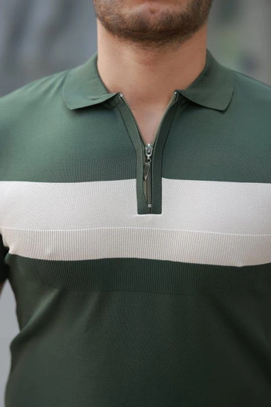 Erkek Fermuar Yakalı şerit Renk Desenli Kısa Kollu Tişört - Resim 3