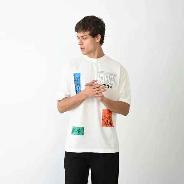 Unisex Bisiklet Yaka Baskılı Oversize T-Shirt - Beyaz - Resim 2