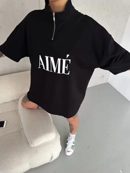 Unisex Yarım Fermuarlı Baskılı T-Shirt - Siyah - Resim 2